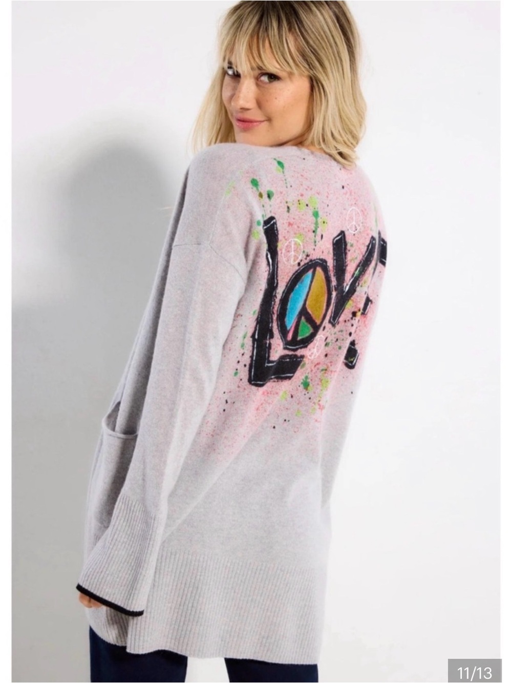 Lisa Todd Black Knit Cardigan “LOVE” Graphic Colorful Accents Chic Cozy Size S